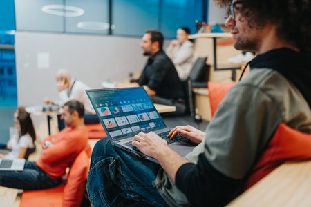 Young man with laptop in a modern coworking space, analyzing charts and collaborating