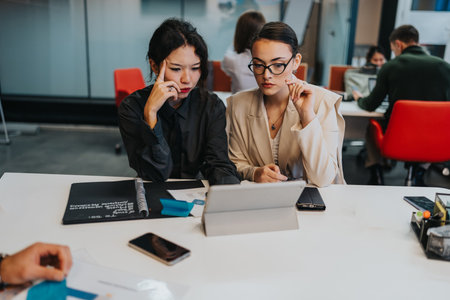 Professional colleagues collaborate at a modern office, reviewing tablet and documents during a business meetingの写真素材