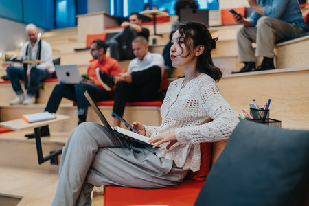 Woman with laptop in a modern classroom setting, focused on study and learning