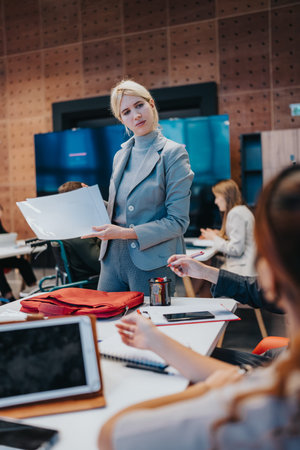 Business meeting in a modern office as a woman presents a document to colleaguesの写真素材