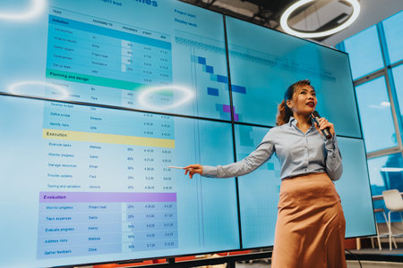 Business presenter explains data charts on a large digital screen in a modern conference room