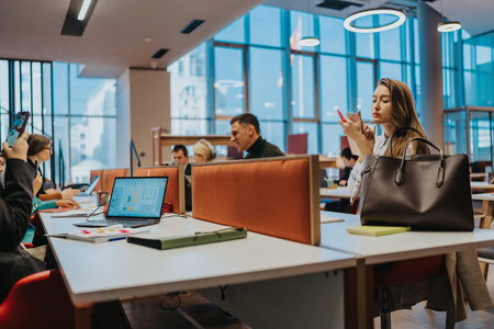Busy coworking office scene with professionals at desks and a woman using a phone