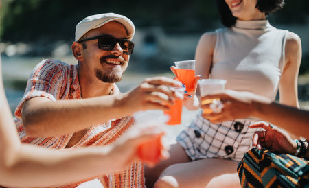 Friends toast red drinks at a sunny outdoor gathering, sharing smiles and summer vibes