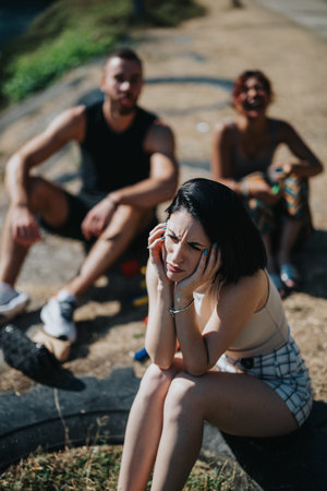 Woman sits distressed with hands on her face as friends chat nearby outdoors