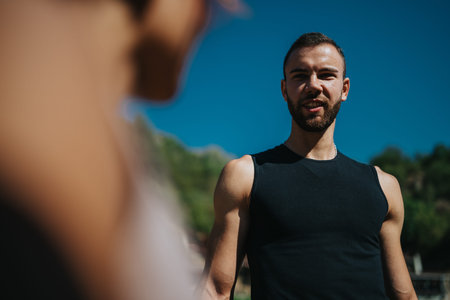 Man in Black Tank Top Talks Outdoors on a Sunny Summer Day with a Friendの写真素材