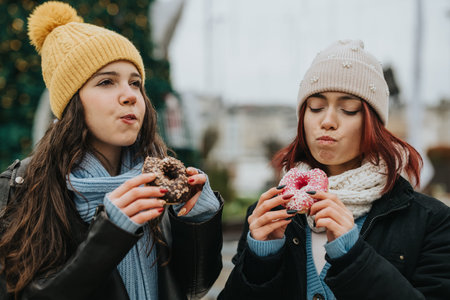Two girls eating donuts outdoors in winter outfits, wearing beanies, scarves, and jackets