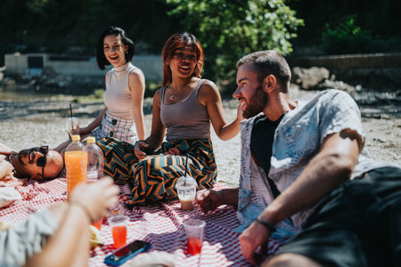 Friends enjoy a summer river picnic on a sunny day with drinks and laughterの写真素材
