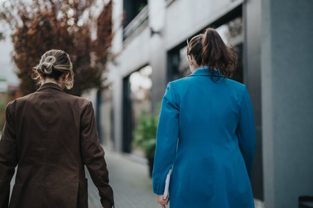 Two women walk away in an urban street wearing blue and brown coats, carrying foldersの写真素材