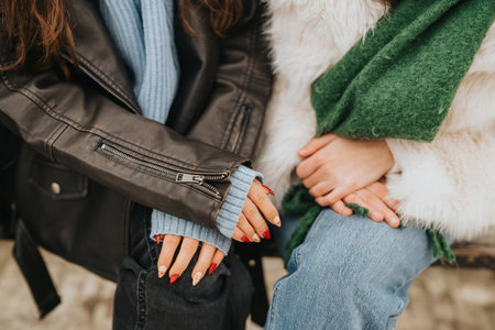Two girls sit close together in cozy coats, showcasing friendship and fashion in a casual outdoor settingの写真素材