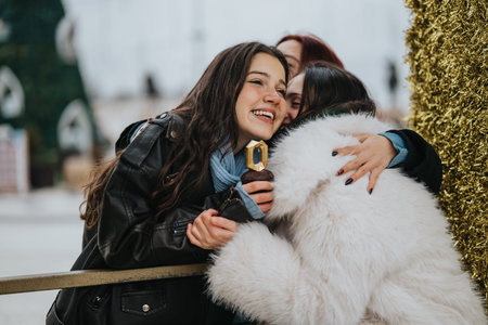 Friends hug in winter street scene with stylish outfits and warm smiles during festive seasonの写真素材