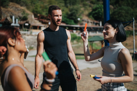 Friends enjoy a sunny outdoor water gun activity during a summer day in a park settingの写真素材