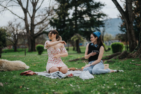 Two women enjoy a sunny park picnic with cards and friendly conversationの写真素材