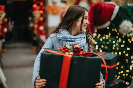 Teenage girl smiles while carrying a large wrapped Christmas gift in a festive street sceneの写真素材