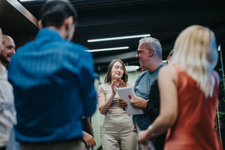 Professional group of colleagues sharing ideas and smiles in a casual office setting