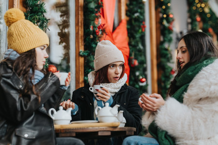 Three girls enjoy warm tea together at a festive Christmas market cafeの写真素材