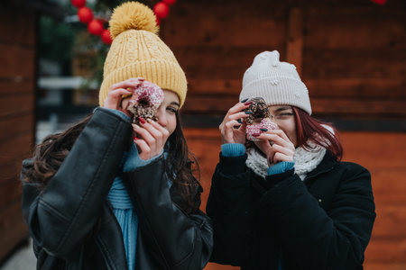 Two girls in winter outfits hold donuts and smile, wearing knit hats and coatsの写真素材