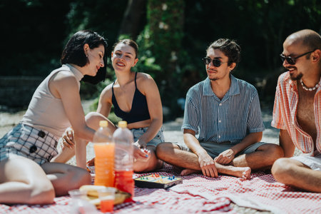 Friends share laughter and snacks during a sunny riverside picnic with a board game todayの写真素材