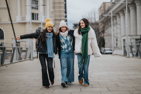 Three girls walking together in winter fashion on city street, smiling and carefree