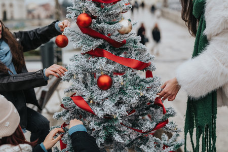 Girls decorate a frosted Christmas tree with red ribbons and ornaments in a festive scene