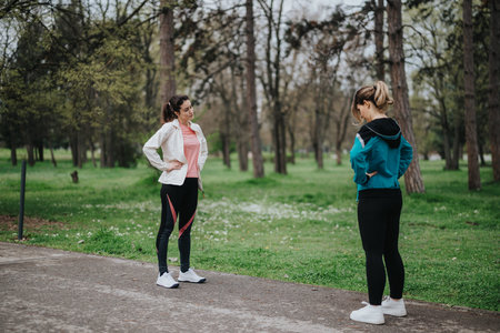 Two women in athletic wear chat in a park, promoting fitness and outdoor wellness