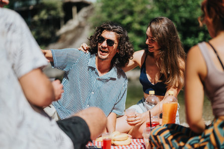 Friends enjoying a sunny summer picnic by the water, smiling and laughing togetherの写真素材