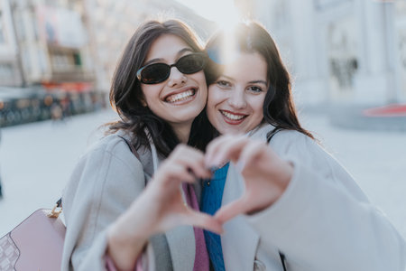 Two friends smile and form a heart shape with their hands in a sunny city street selfie