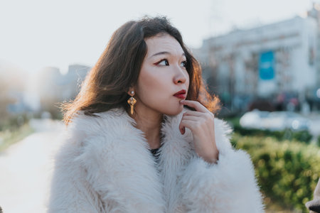 Thoughtful woman in white fur coat posing on city street with soft sunlightの写真素材