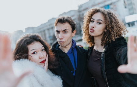 Three friends take a confident group selfie in an urban setting, showcasing street style and...