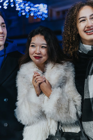 Group of friends at night posing in stylish outfits with blue lights and white fur coat
