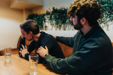 Two friends offer support in a cafe as one man consoles another during a tough moment