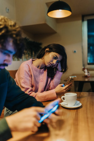 Two friends at a cozy cafe moment, one scrolling on a phone beside a coffee cup