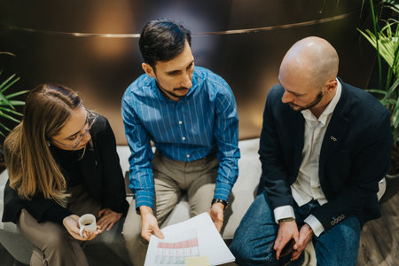 Professional team meeting discussing chart and documents in a modern office setting