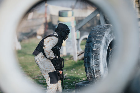 Player in camouflage gear with paintball gun crouches behind a large tire on an outdoor field