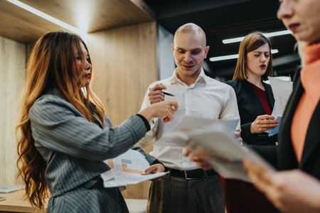 Team of professionals discussing documents in a modern office during a collaborative meeting