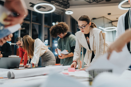 Group of professionals collaborates in a modern office, reviewing plans and documents during a busy...