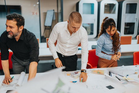 Team of professionals collaborates on blueprints and plans in a modern office space