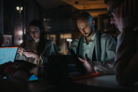 Group of professionals working late in a dimly lit office, using laptops and tablets