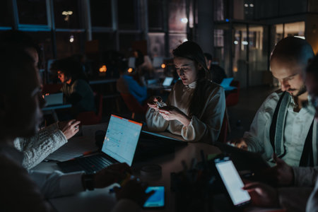 Team of professionals working late in a modern office with laptops and smart phones
