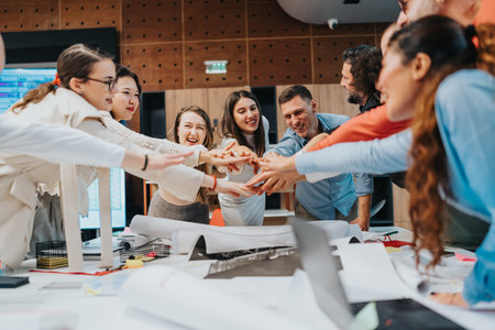 Diverse team of business professionals joining hands in a collaborative office meeting
