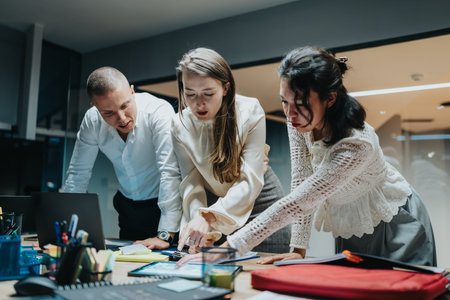 Team of coworkers collaborating around a desk with laptop and documents in a modern office