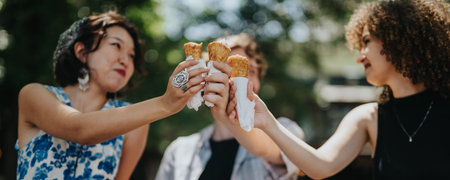 Friends toast corn dogs outdoors at a sunny park, sharing a joyful casual gathering
