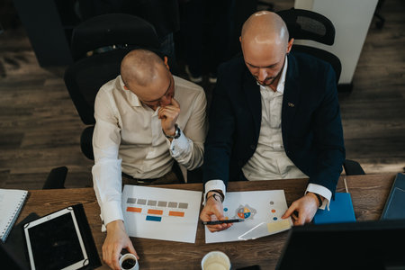Two business colleagues review charts at a desk during a focused office meeting