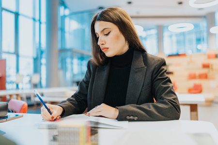 Professional woman in a blazer writing at a desk in a bright modern officeの写真素材