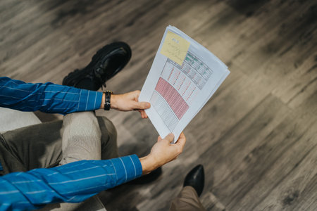 Business professional reviews a printed schedule with a sticky note in an office setting