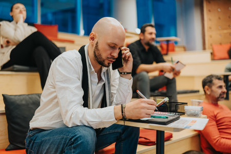 Professional man on a call writing notes in a casual coworking space during a meeting
