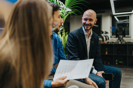 Smiling man in blazer chatting with colleagues during a relaxed business meeting in a modern office