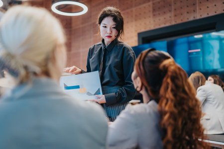 Professional business presentation in a modern office with a female presenter and colleagues