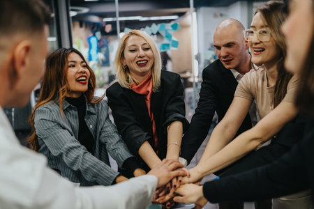 Diverse team celebrates together, placing hands in a circle for teamwork and collaboration