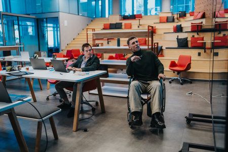 Collaborative work session in a bright modern office with a man in a wheelchair and colleagues