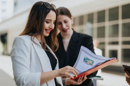 Business colleagues smiling and reviewing documents together outside a modern office building